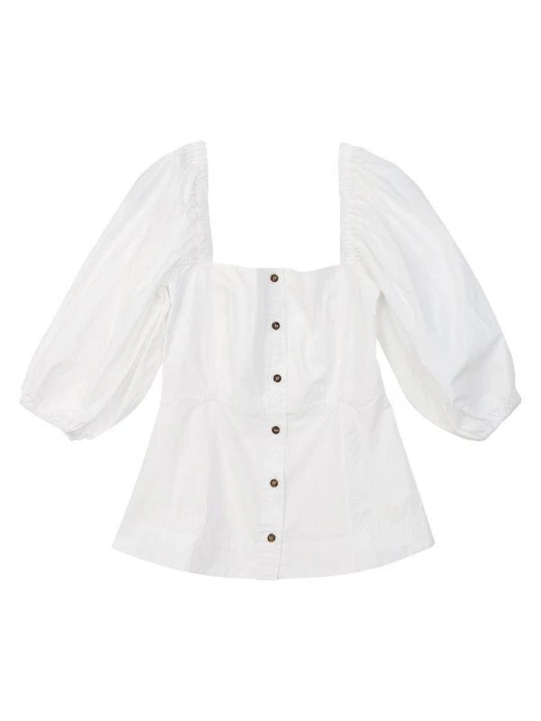 Ganni White Square-Neck Puff Sleeve Button Front Top